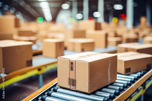 Closeup of multiple cardboard box packages seamlessly moving along a conveyor belt in a warehouse, generative ai © MVProductions