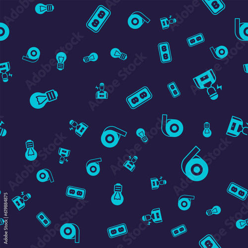 Set Creative lamp light idea, Electrician, Electrical outlet and Roll adhesive tape on seamless pattern. Vector