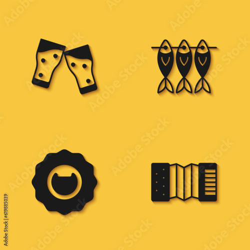 Set Glass of beer, Accordion, Bottle opener and Dried fish icon with long shadow. Vector
