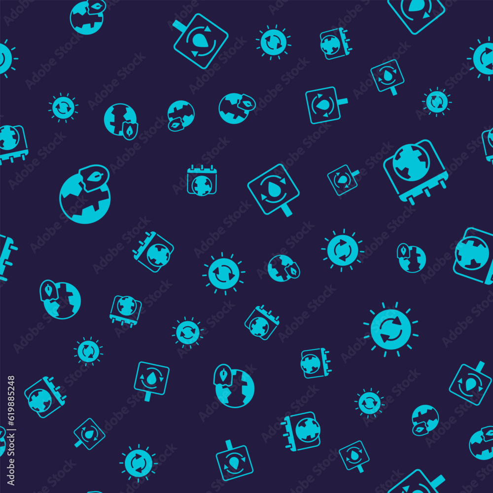 Set Earth with shield, World day, Recycle clean aqua and Solar energy panel on seamless pattern. Vector Set Earth with shield, World day, Recycle clean aqua and Solar energy panel on seamless pattern. Vector