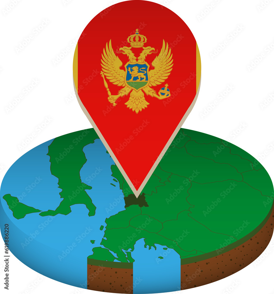 Isometric round map of Montenegro with flag. Isometric round map of Montenegro with flag.