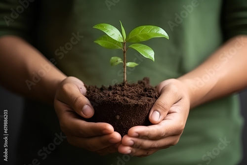 Hands holding small tree for planting. Concept of environmental protection renewable energy, green business. Plant in hands. Green world concept, earth day. AI generated