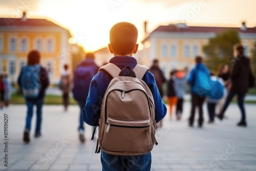 A boy with a backpack seen from behind on his first day of school after the holidays. Back to school concept