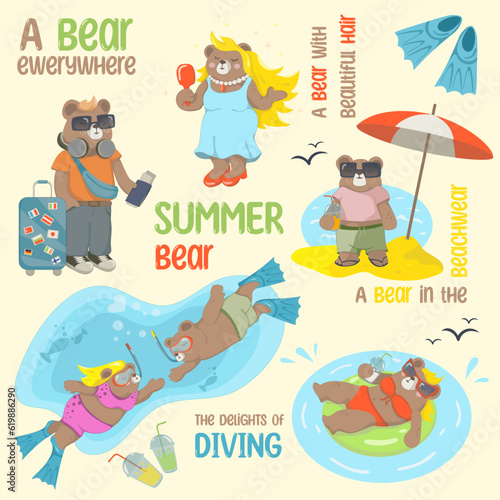 Summer season. Cartoon bears. Vector illustration for icon, logo, stickers, t-shirt and etc.
