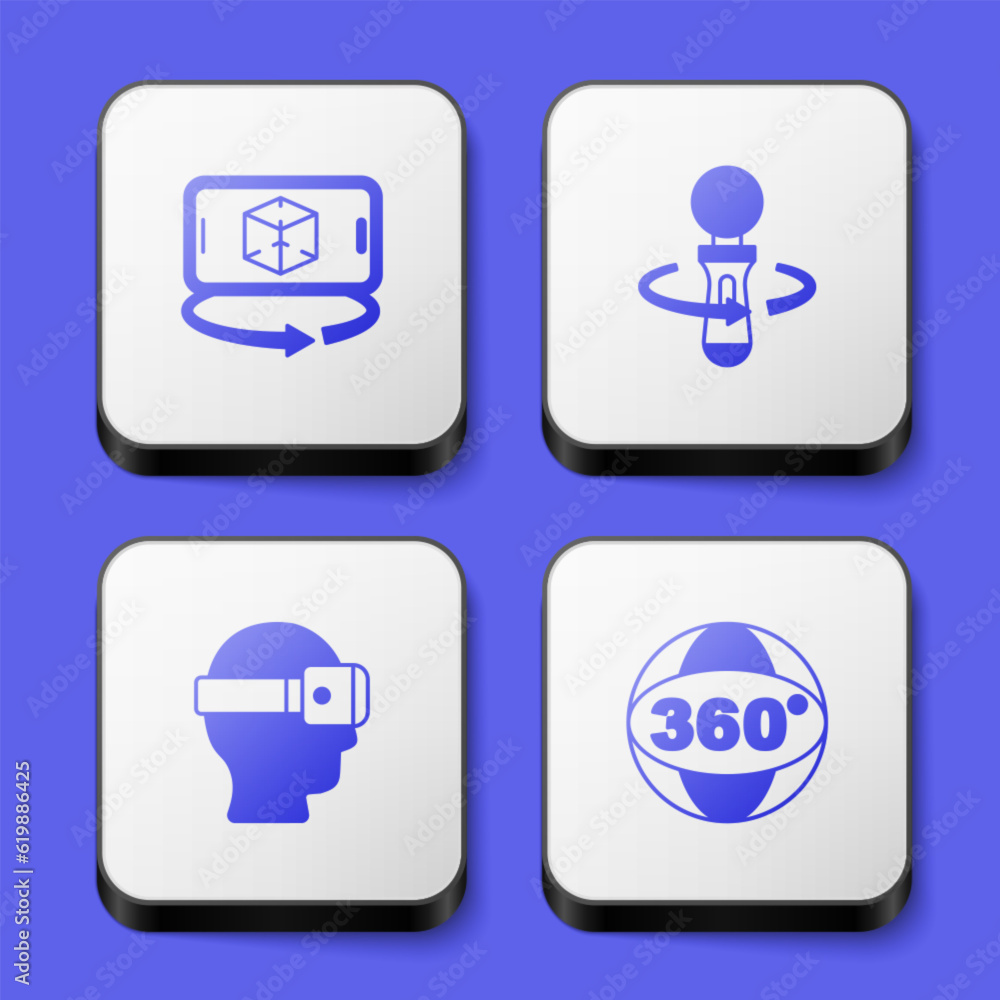 Set 3d modeling, VR controller game, Virtual reality glasses and 360 degree view icon. White square button. Vector Set 3d modeling, VR controller game, Virtual reality glasses and 360 degree view icon. White square button. Vector