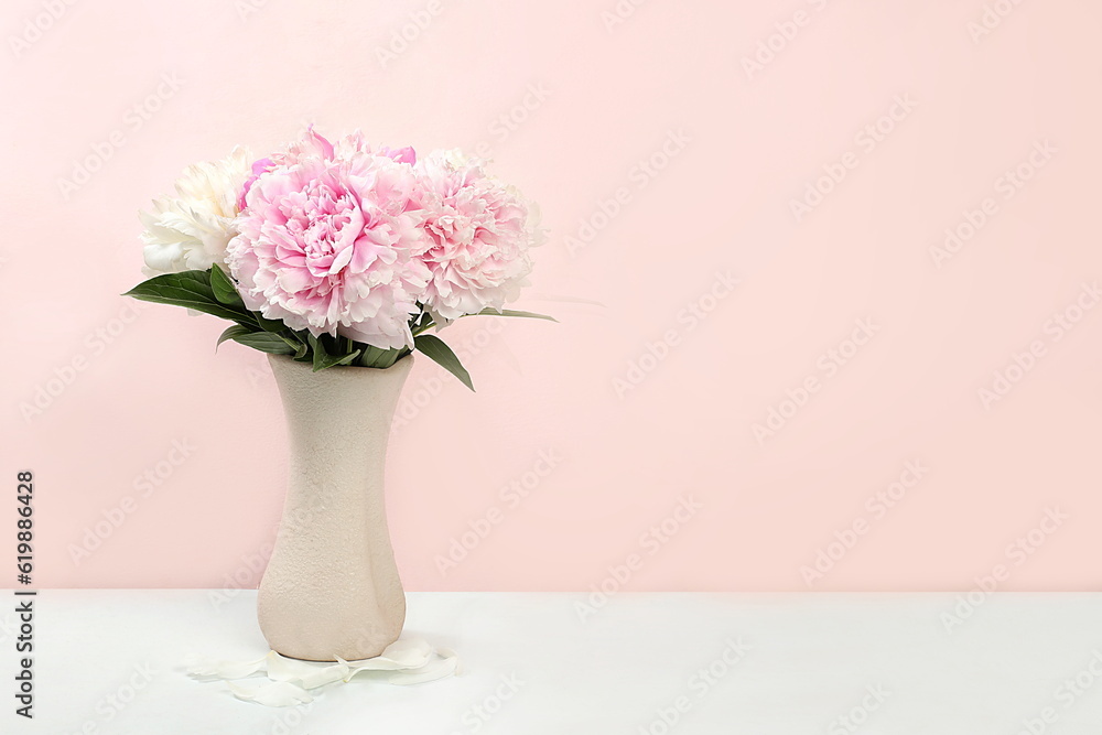 Floral composition with peony flowers in a vase on a light background, summer banner, greeting card for wedding, holiday, birthday, template for design, selective focus