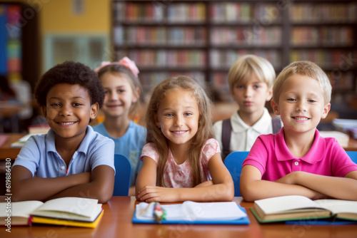 Group of smiling multi ethnic children at school desk. Back to school concept, AI generated