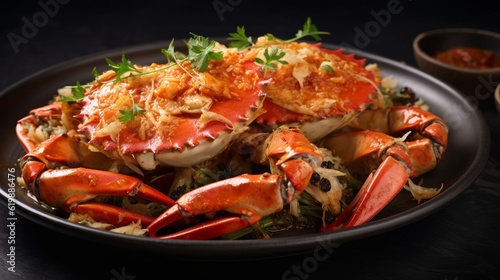 A centered shot of a tasty crab dish