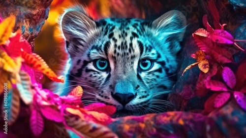 Whimsical wild baby leopard on amazing colorful background wallpaper, ai