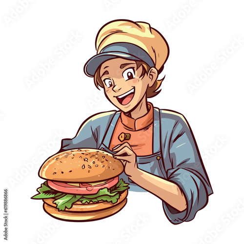Smiling chef serves gourmet burger meal