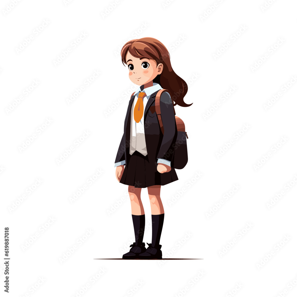 Vector cute little girl stands with a backpack getting ready for school anime cartoon flat style 