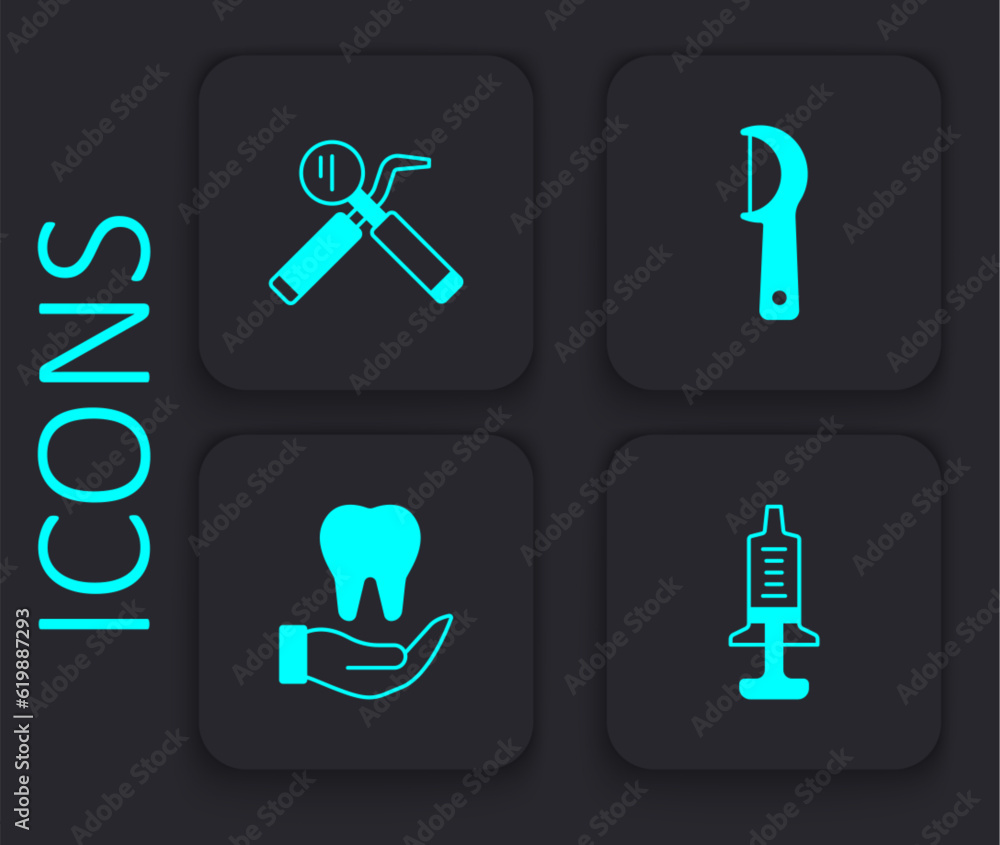 Set Syringe, Dental mirror and probe, floss and Tooth icon. Black square button. Vector Set Syringe, Dental mirror and probe, floss and Tooth icon. Black square button. Vector