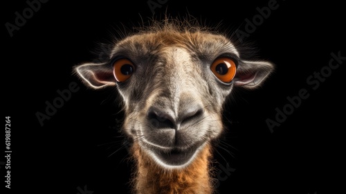 Goofy llama, isolated on black background, wild animal, funny, ai
