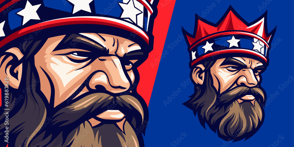 Regal Reign: American USA King Crown Logo Mascot for Gaming Teams - Sport and E-Sport Illustration Vector Regal Reign: American USA King Crown Logo Mascot for Gaming Teams - Sport and E-Sport Illustration Vector