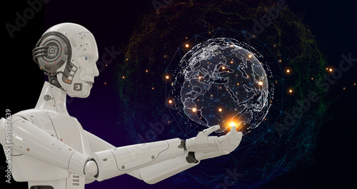 Wallpaper Mural Robot hand and human hand touching digital world 3D rendering.
Big data and analytics visualization technology with scientist analyzing information structure on virtual screen. Torontodigital.ca