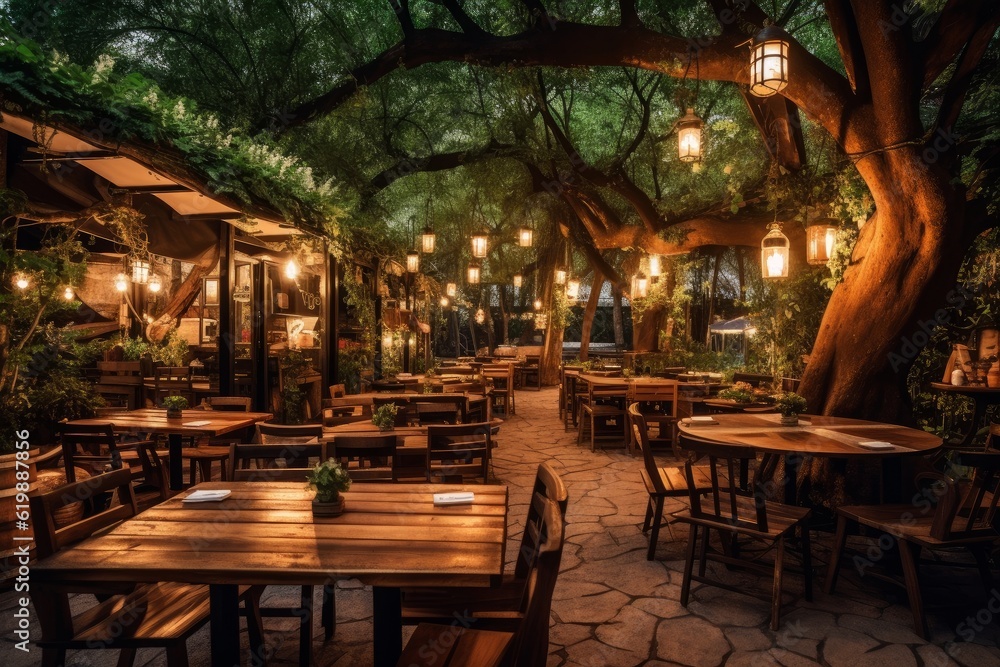 A restaurant with tables and chairs under a tree created with Generative AI technology