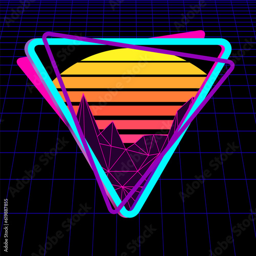 Triangle logo with mountains peaks silhouettes, cyber laser grid on black background. Synthwave, vaporwave, retrowave 80s. Retro futuristic aesthetic solar circle emblem
