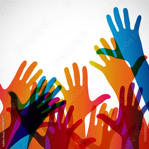 Hands on a light background. Colorful silhouettes arms.  Vector team, help, friendship symbol illustration.