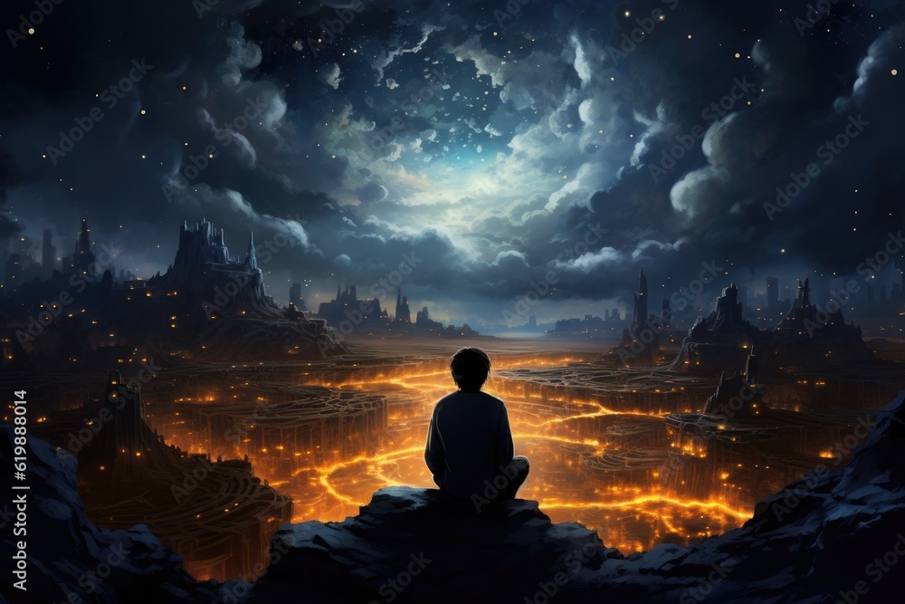A boy stands in a room with a starry sky in the style of transcendental dreaming. Generative AI