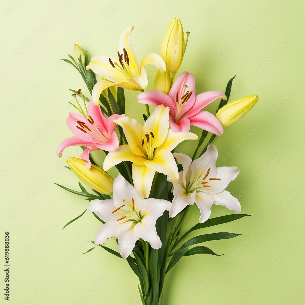 Flowers composition. Frame made of lily flowers on green background. Flat lay, top view, copy space