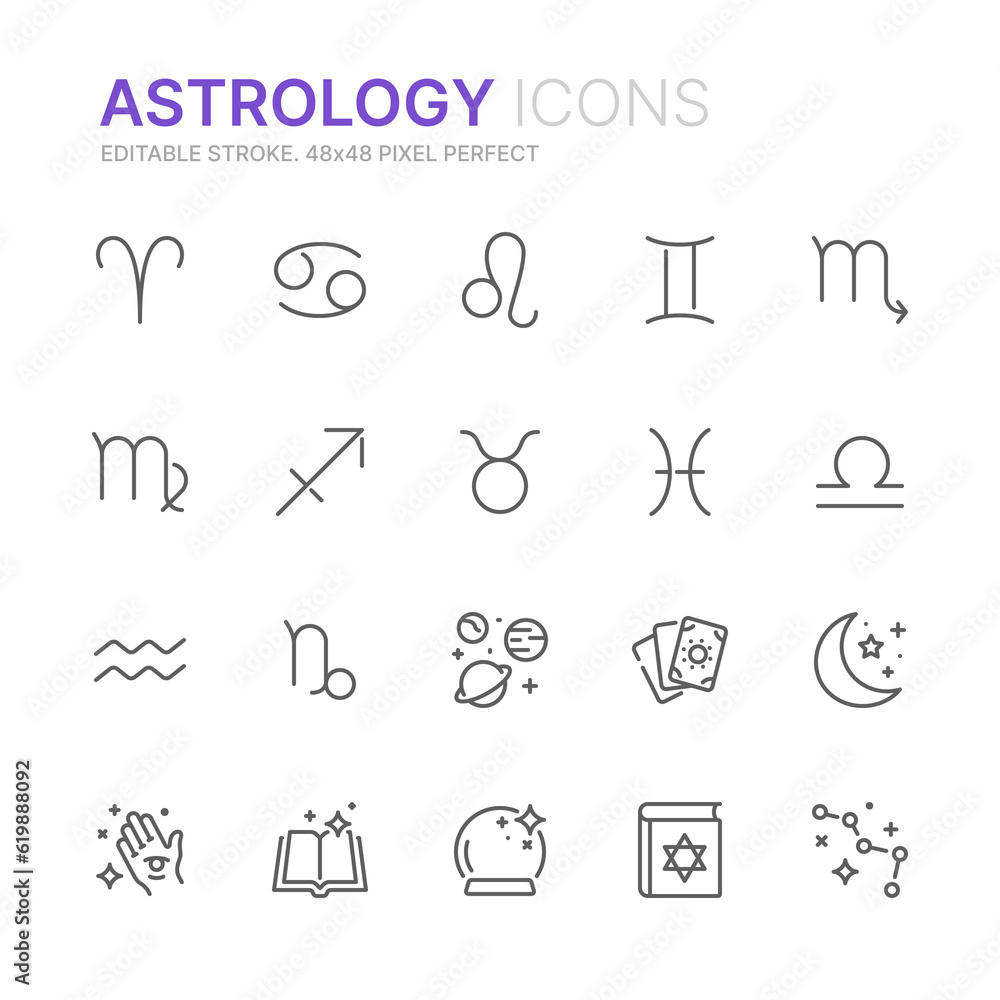 Collection of astrology related outline icons. 48x48 Pixel Perfect. Editable stroke - obrazy, fototapety, plakaty 