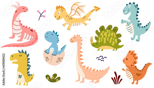 Dragons Set. Cute Colorful Little Dinosaurs in a cartoon Scandinavian style. The colorful cute children's illustration is perfect for a children's room. Vector Hand draw Illustration