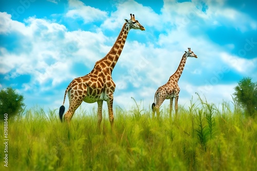 a mother giraffe and her calf in a meadow