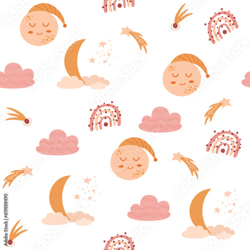 Cute rainbow, stars, clouds seamless pattern. Creative Scandinavian children's texture for fabric, packaging, textiles, wallpaper, clothing. Vector illustration