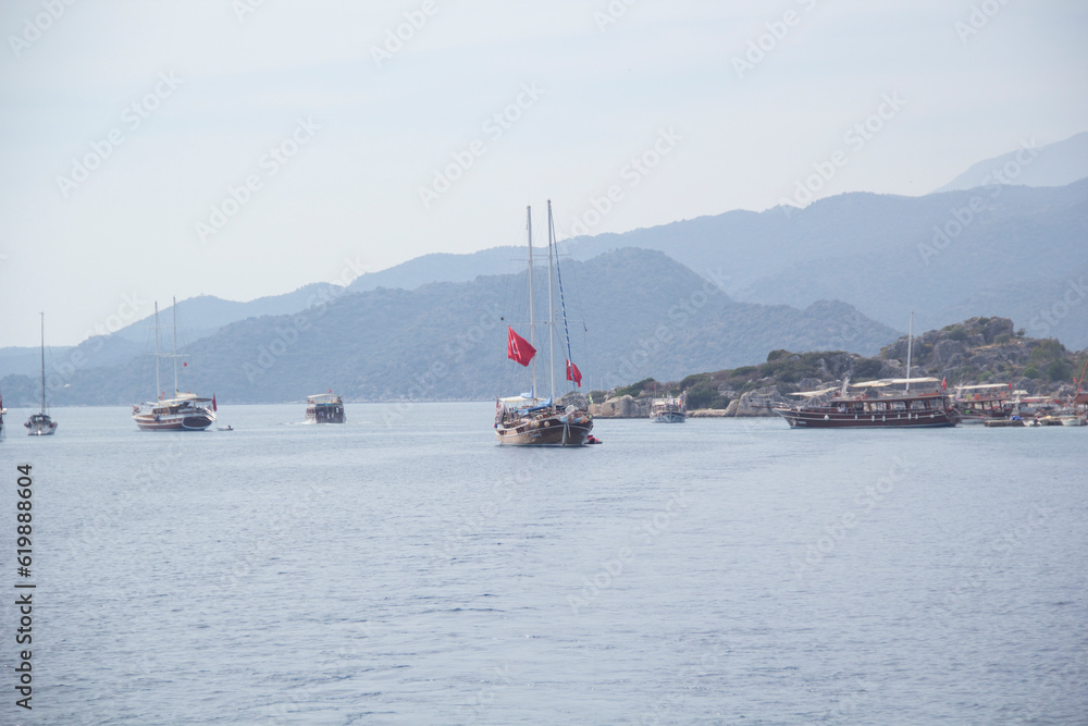 Beautiful view of the sea bay and pleasure yachts on a sunny summer day, in Turkey Beautiful view of the sea bay and pleasure yachts on a sunny summer day, in Turkey