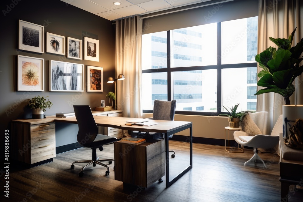 Fototapeta premium A room with a desk, chair and pictures on the wall created with Generative AI technology
