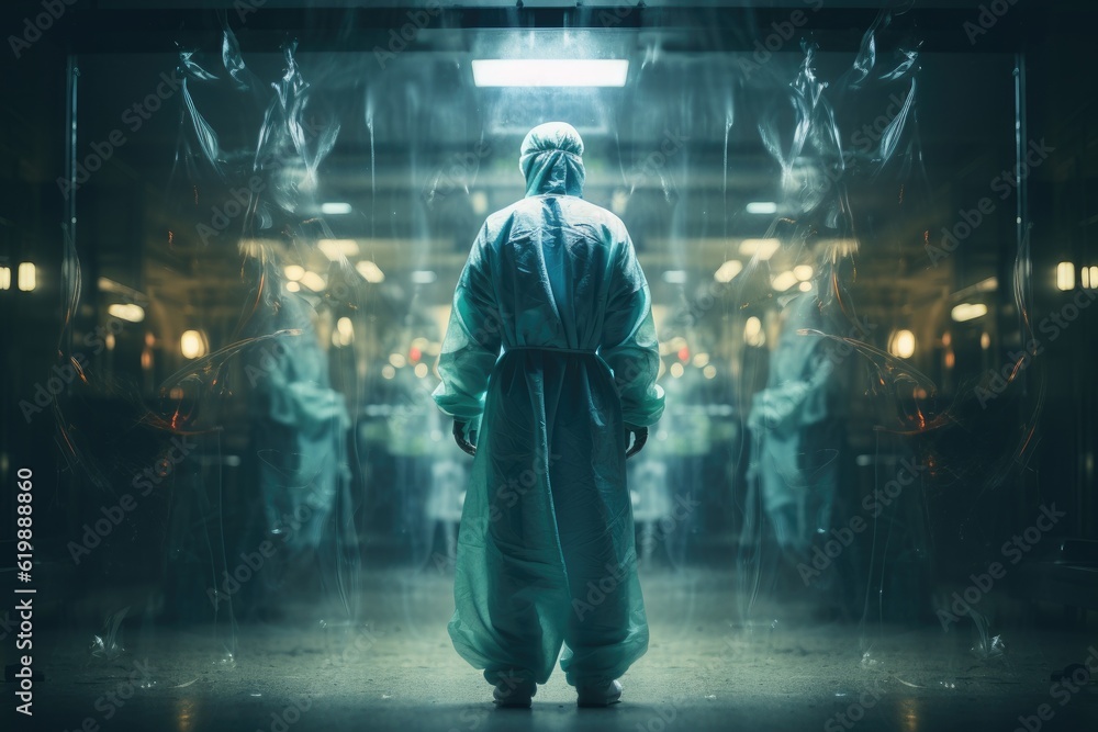 Emergency scene. Doctor standing and looking patient at hospital. Generative AI Emergency scene. Doctor standing and looking patient at hospital. Generative AI