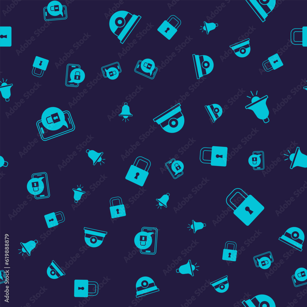 Set Mobile with closed padlock, Ringing alarm bell, Security camera and Lock on seamless pattern. Vector Set Mobile with closed padlock, Ringing alarm bell, Security camera and Lock on seamless pattern. Vector