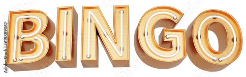 Golden 3d text with glowing neon tube. typography. 3D illustration. BINGO.