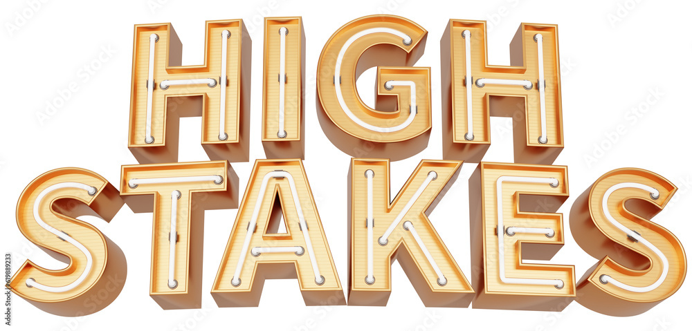 Golden 3d text with glowing neon tube. typography. 3D illustration. HIGH STAKES. Golden 3d text with glowing neon tube. typography. 3D illustration. HIGH STAKES.