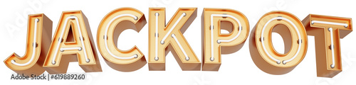 Golden 3d text with glowing neon tube. typography. 3D illustration. JACKPOT.