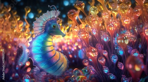 Fantasy seahorse in bubbles, ai
