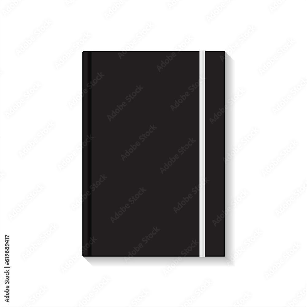 Blank black book or notebook with white elastic top view mockup template. Isolated on white background with shadow. Ready to use for your design or business. Vector illustration. Blank black book or notebook with white elastic top view mockup template. Isolated on white background with shadow. Ready to use for your design or business. Vector illustration.