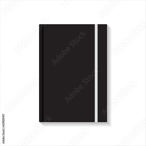 Blank black book or notebook with white elastic top view mockup template. Isolated on white background with shadow. Ready to use for your design or business. Vector illustration.