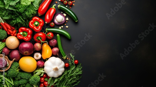 Empty frame in the middle of different vegetables lying on the table Generative AI © pector