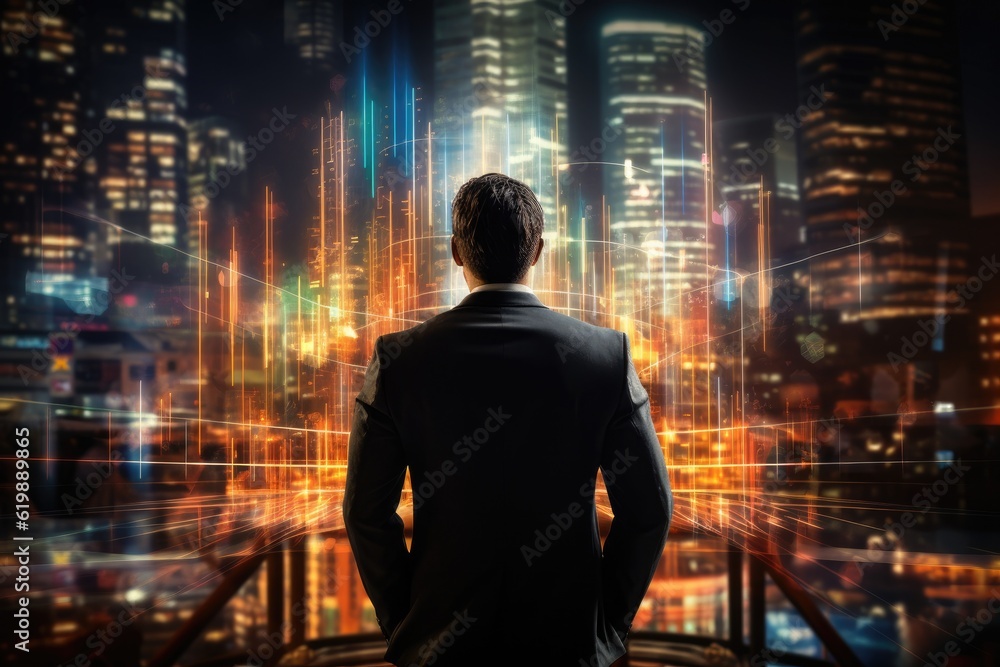 Big data information structure on screen. Businessman research and analysis financial report. Generative AI Big data information structure on screen. Businessman research and analysis financial report. Generative AI