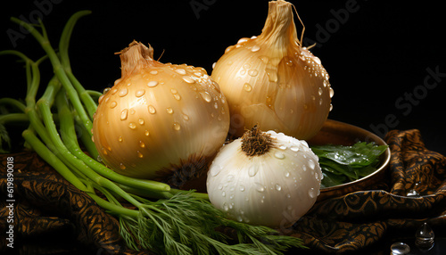 Still life of onions with drops water. Illustration AI photo