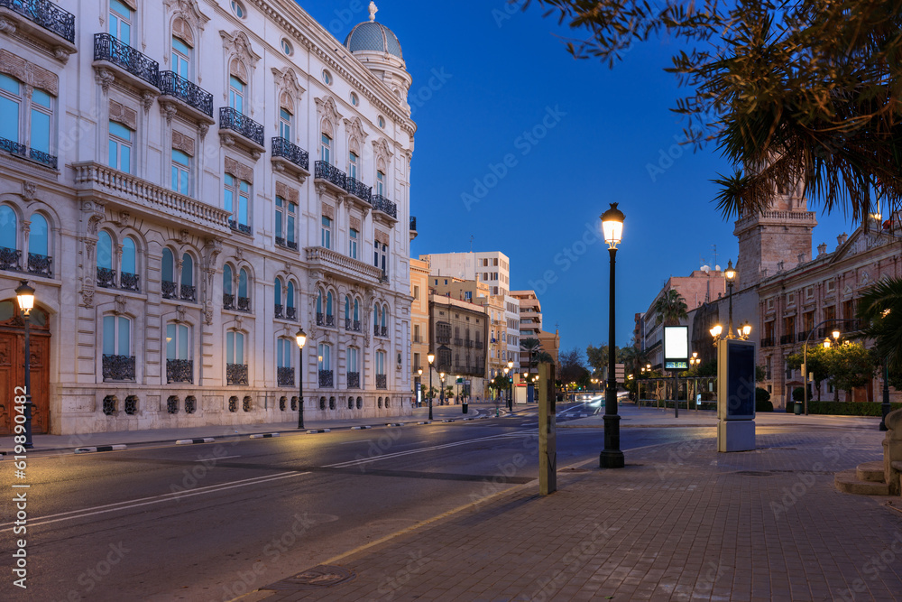 Beautiful architecture of Valencia city at dawn, Spain
