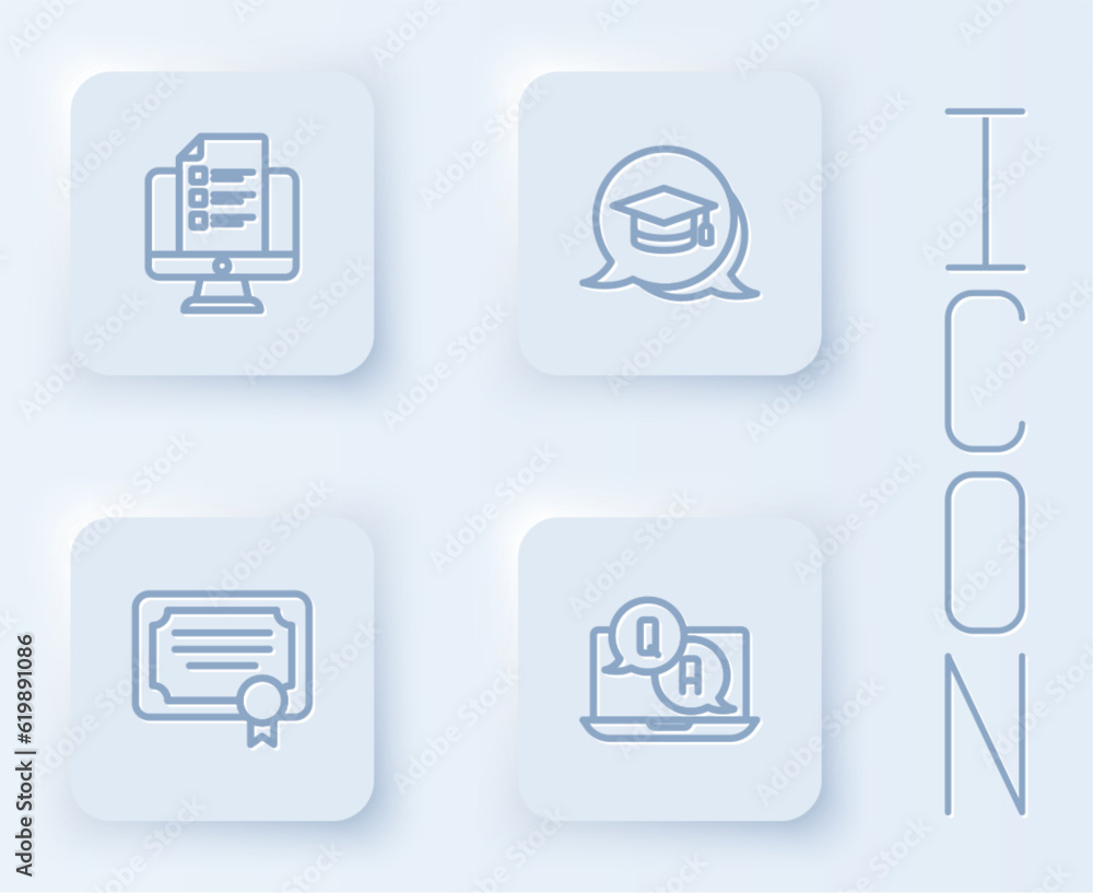 Set line Online quiz, test, survey, Graduation cap speech bubble, Certificate template and Question and Answer. White square button. Vector Set line Online quiz, test, survey, Graduation cap speech bubble, Certificate template and Question and Answer. White square button. Vector