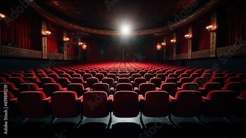 Dark theater stage with red curtains Generative AI