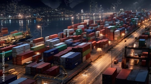 Container port in Hong Kong during night time. Created with Generative Ai technology.