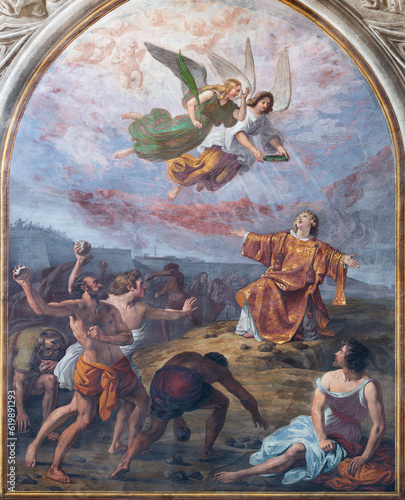 BIELLA, ITALY - JULY 15, 2022: The fresco of Stoning of St. Stephen in Cathedral (Duomo) by Giovannino Galliari (1784).