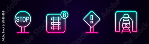 Set line Stop sign, Online ticket booking, Exclamation mark square and Train railway tunnel. Glowing neon icon. Vector