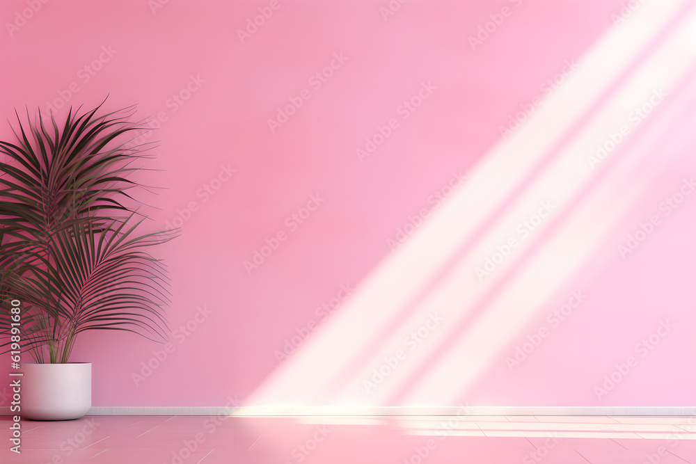 shadows on a bright pink wall, motion blur panorama, with palm leaves and shadow on blue background. Minimal concept. Abstract background for product presentation, Generative AI.