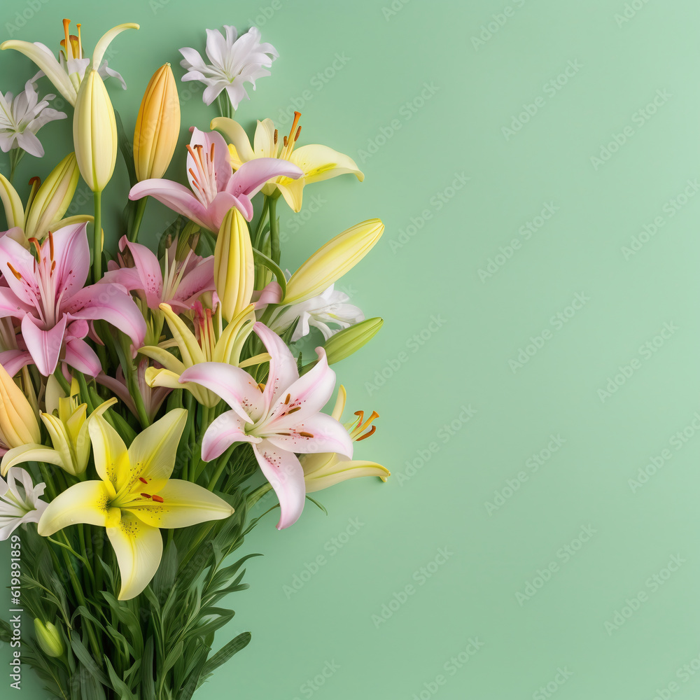 Naklejka premium Flowers composition. Frame made of lily flowers on green background. Flat lay, top view, copy space