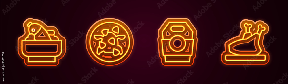 Set line Rice with fish in a bowl, Kung Pao chicken, Asian noodles paper box and Roasted turkey or. Glowing neon icon. Vector Set line Rice with fish in a bowl, Kung Pao chicken, Asian noodles paper box and Roasted turkey or. Glowing neon icon. Vector